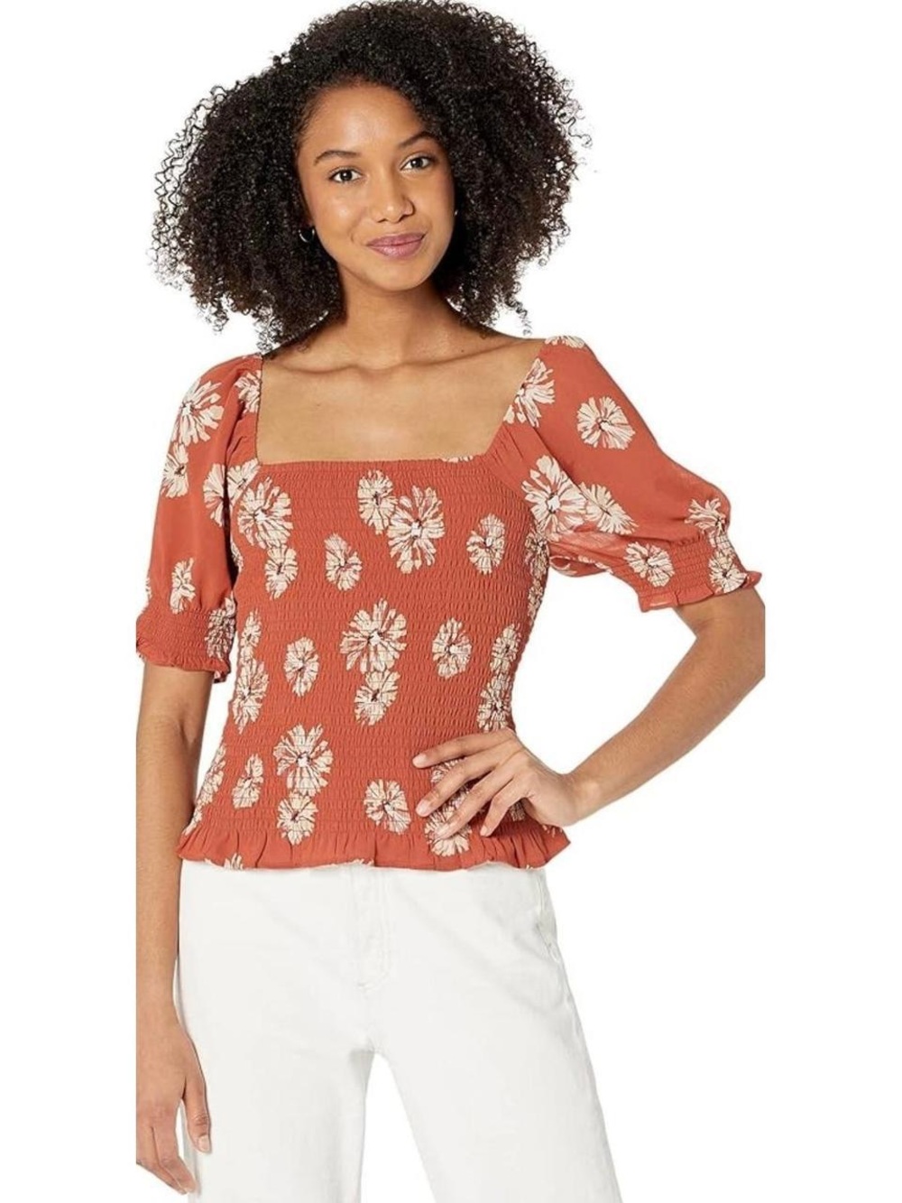 Madewell Rust Floral Smocked Square-Neck Top